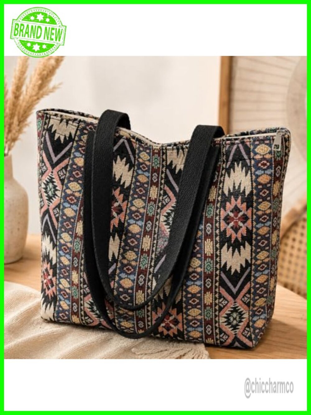 Boho Tote Bag for Women Large Capacity Vintage Print Canvas Shoulder Handbag